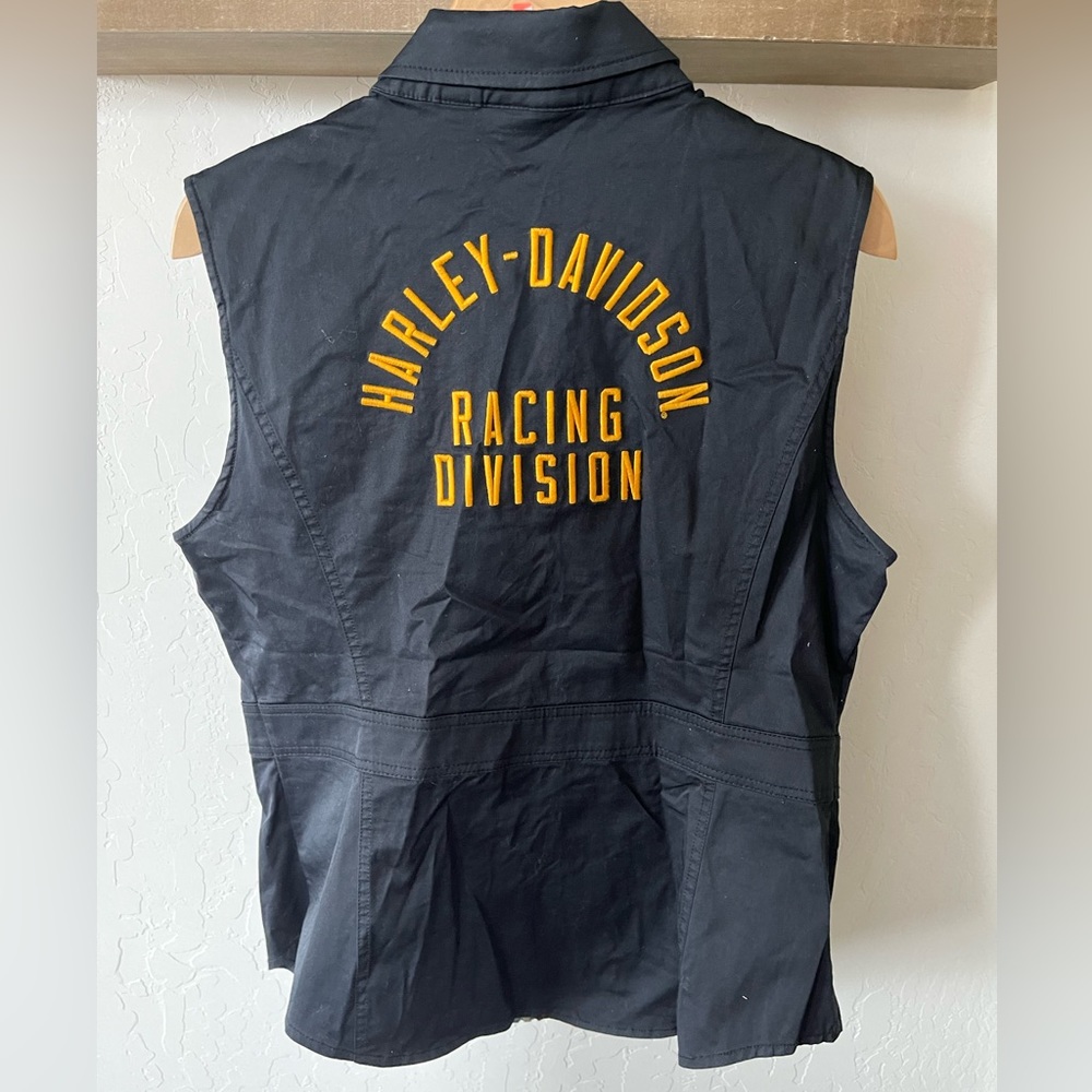Harley Davidson| Black Zip Moto Vest with Bold Lettering on Back, Size XL•Racing
